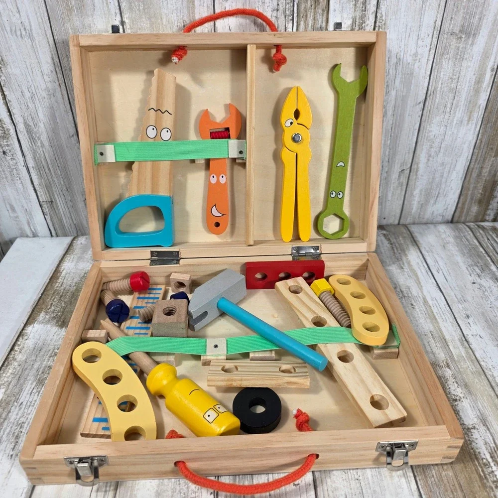 Kids Wooden Tool Box Set Pretend Play Construction Kit Montessori Toy Case